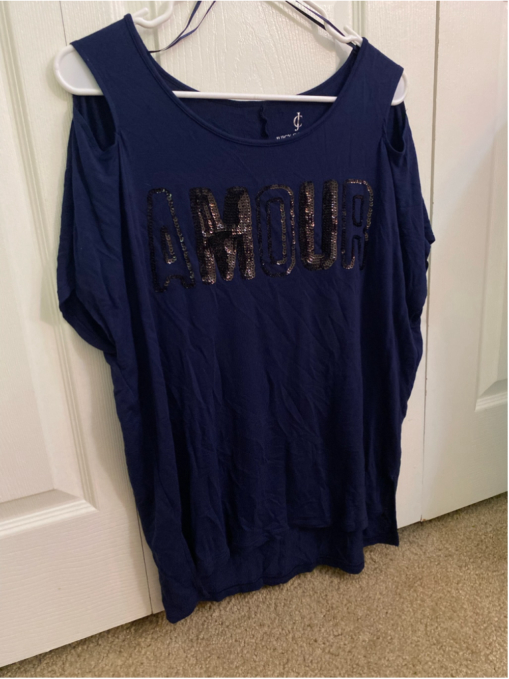 Women's Juicy Couture Amour Sequin Cold Shoulder Tee Blue Size L